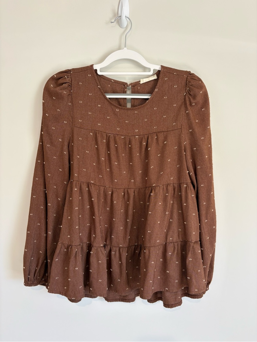 Altar'd State Blouse Size L Brown Tiered Ruffle Top Boho Western Swiss Dot